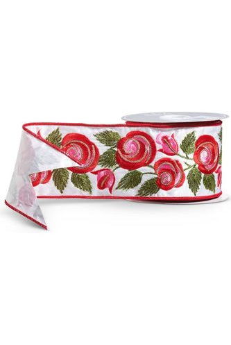 4" Embroidered Roses Ribbon (10 Yards) - Michelle's aDOORable Creations - Wired Edge Ribbon