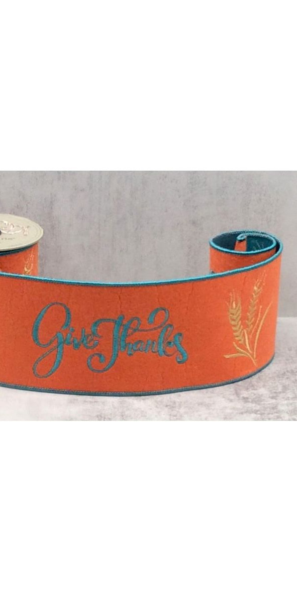 4" Embroidery Give Thanks Felt Ribbon: Orange (5 Yards) - Michelle's aDOORable Creations - Wired Edge Ribbon