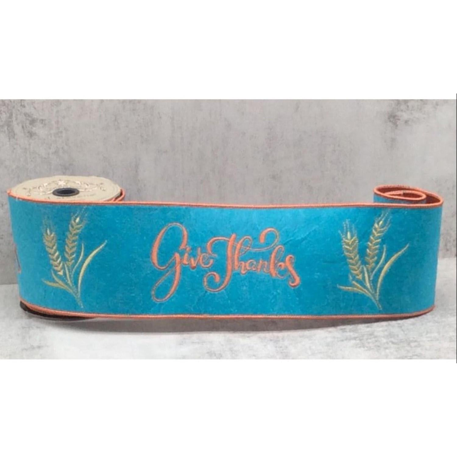 4" Embroidery Give Thanks Felt Ribbon: Teal (5 Yards)