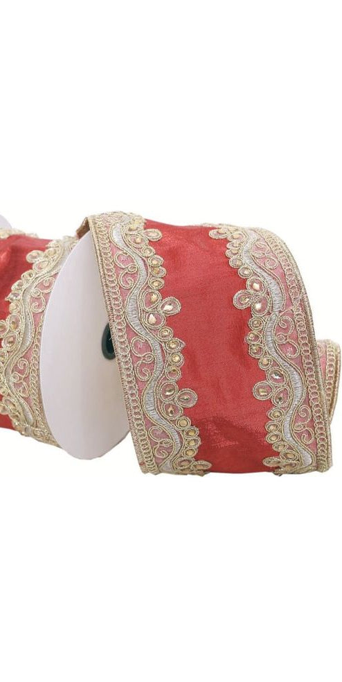 4" Embroidery Ribbon: Red/Gold (5 Yards) - Michelle's aDOORable Creations - Wired Edge Ribbon