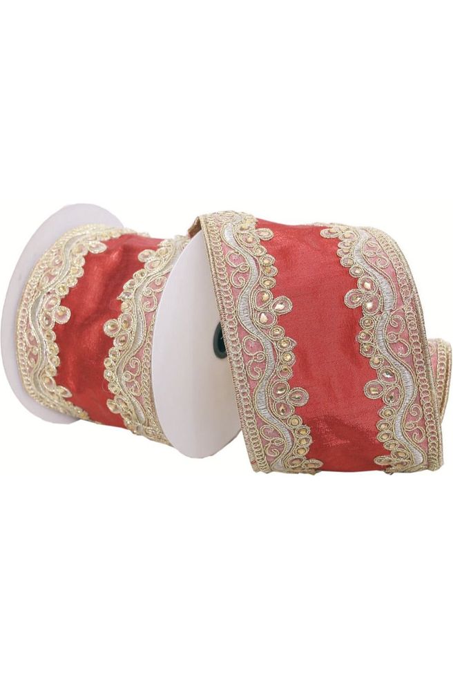4" Embroidery Ribbon: Red/Gold (5 Yards) - Michelle's aDOORable Creations - Wired Edge Ribbon