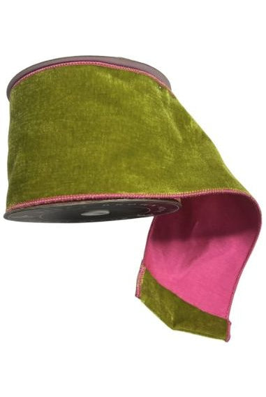 4" EXCLUSIVE Solid Velvet Double-Sided Ribbon: Lime Green/Pink (10 Yards) - Michelle's aDOORable Creations - Wired Edge Ribbon