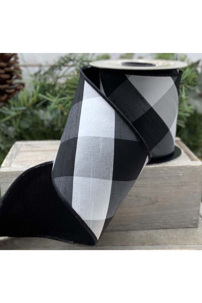 4" Faux Dupion Diagonal Check Ribbon: Black & White (10 Yards) - Michelle's aDOORable Creations - Wired Edge Ribbon