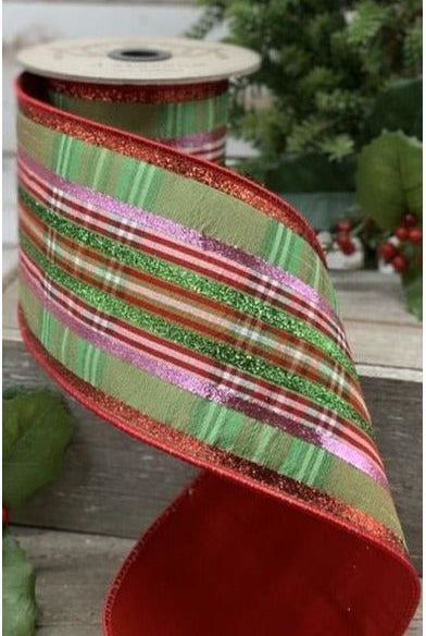 4" Faux Dupion Plaid Glitter Ribbon: Green, Pink & Red (5 Yards) - Michelle's aDOORable Creations - Wired Edge Ribbon