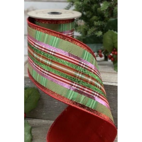 Shop For 4" Faux Dupion Plaid Glitter Ribbon: Green, Pink & Red (5 Yards) at Michelle's aDOORable Creations