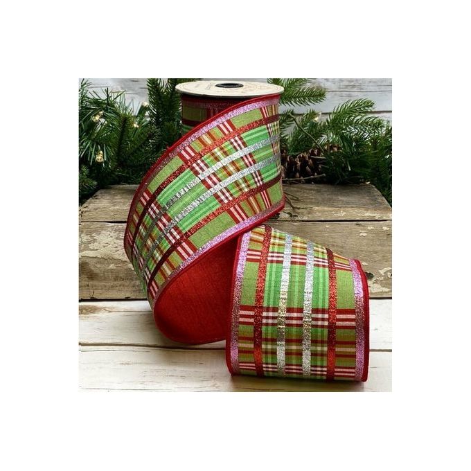 Shop For 4" Faux Dupion Plaid Glitter Ribbon: Green, Pink & Red (5 Yards) at Michelle's aDOORable Creations