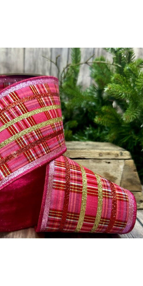 4" Faux Dupion Plaid Glitter Ribbon: Red, Pink and Gold (5 Yards) - Michelle's aDOORable Creations - Wired Edge Ribbon