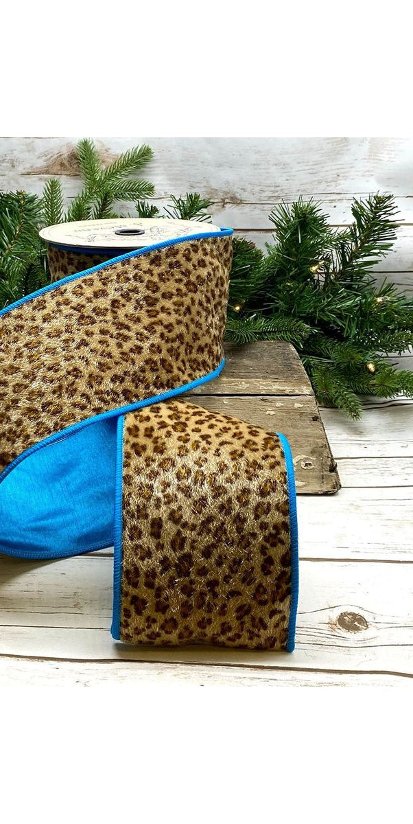 4" Faux Horsehair Leopard Ribbon: Teal Blue (10 Yards) - Michelle's aDOORable Creations - Wired Edge Ribbon