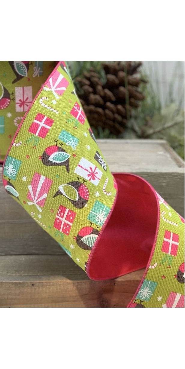 4" Faux Linen Bird Ribbon: Hot Pink & Green (10 Yards) - Michelle's aDOORable Creations - Wired Edge Ribbon