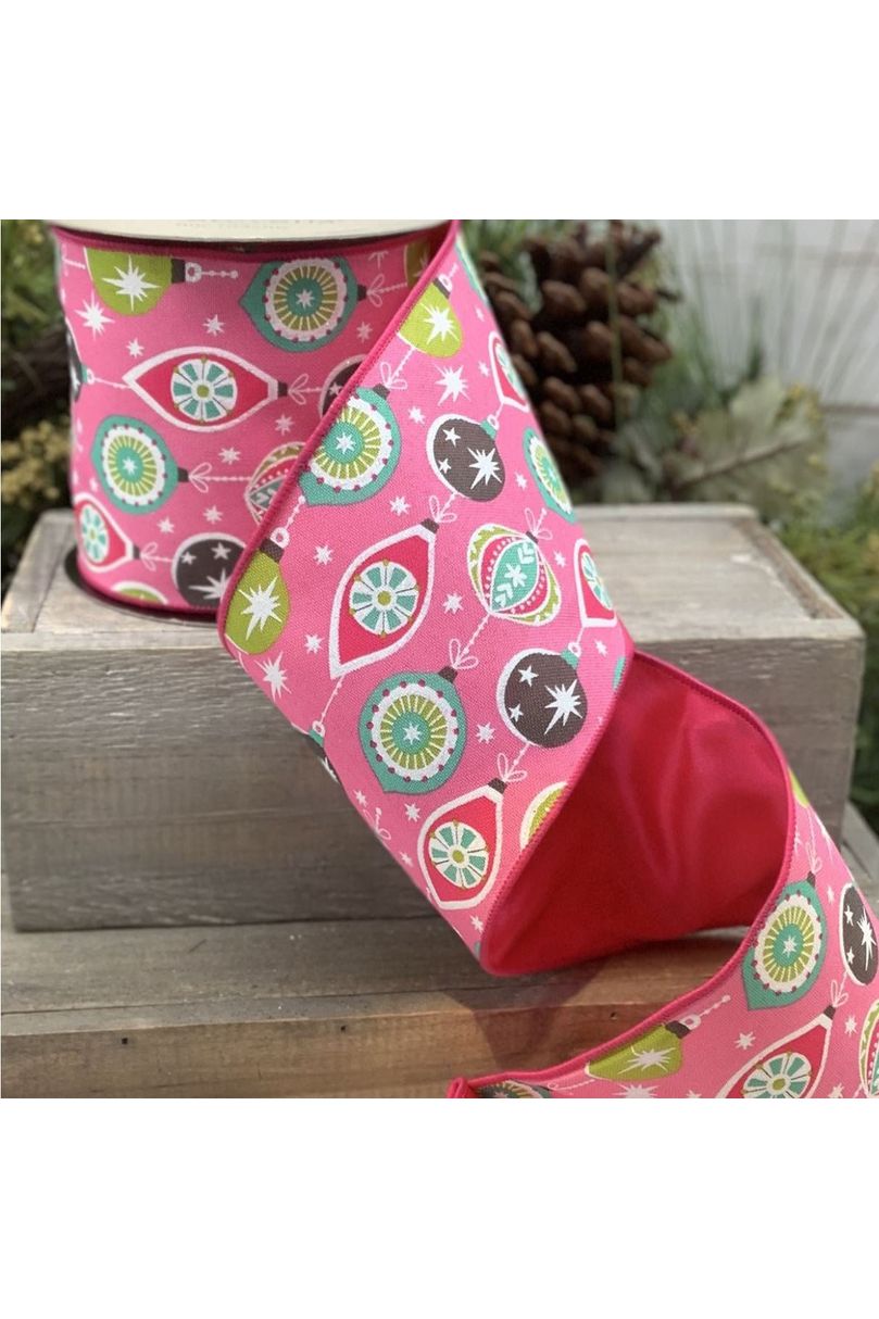 4" Faux Linen Ornament Ribbon: Hot Pink & Green (10 Yards) - Michelle's aDOORable Creations - Wired Edge Ribbon