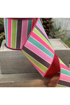 4" Faux Linen Striped Ribbon: Turquoise, Pink & Lime Green (10 Yards) - Michelle's aDOORable Creations - Wired Edge Ribbon