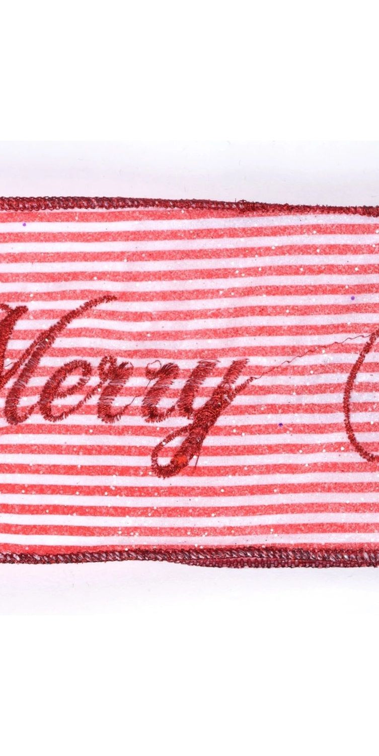 4" Frosted Stripe Merry Christmas Ribbon (5 Yards) - Michelle's aDOORable Creations - Wired Edge Ribbon