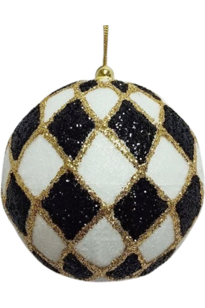 4" Harlequin Glitter Ball Ornaments: Black/Gold - Michelle's aDOORable Creations - Holiday Ornaments