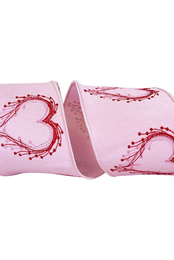 4" Heart Embroidery Dupioni Ribbon: Pink (10 Yards) - Michelle's aDOORable Creations - Wired Edge Ribbon