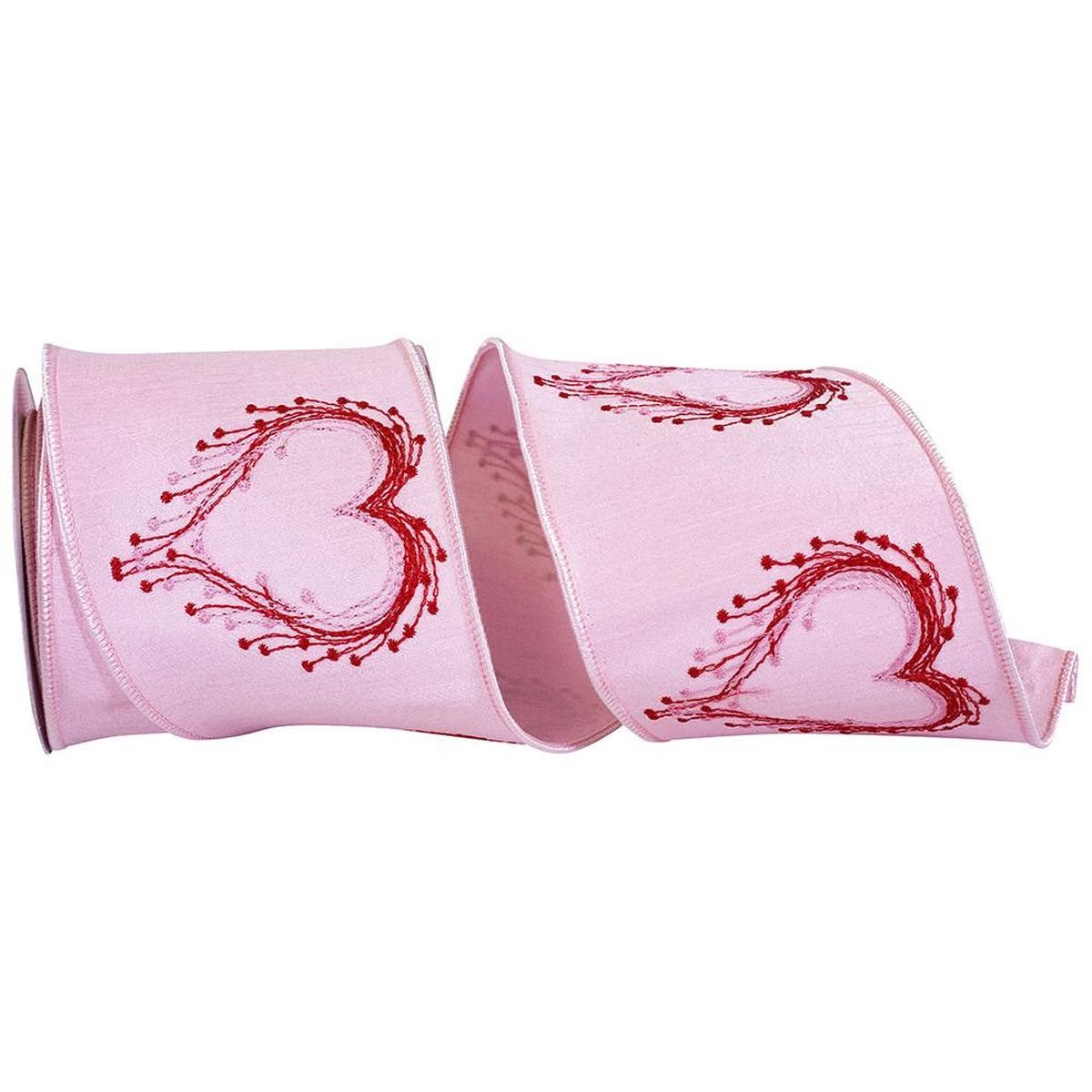 Shop For 4" Heart Embroidery Dupioni Ribbon: Pink (10 Yards) at Michelle's aDOORable Creations