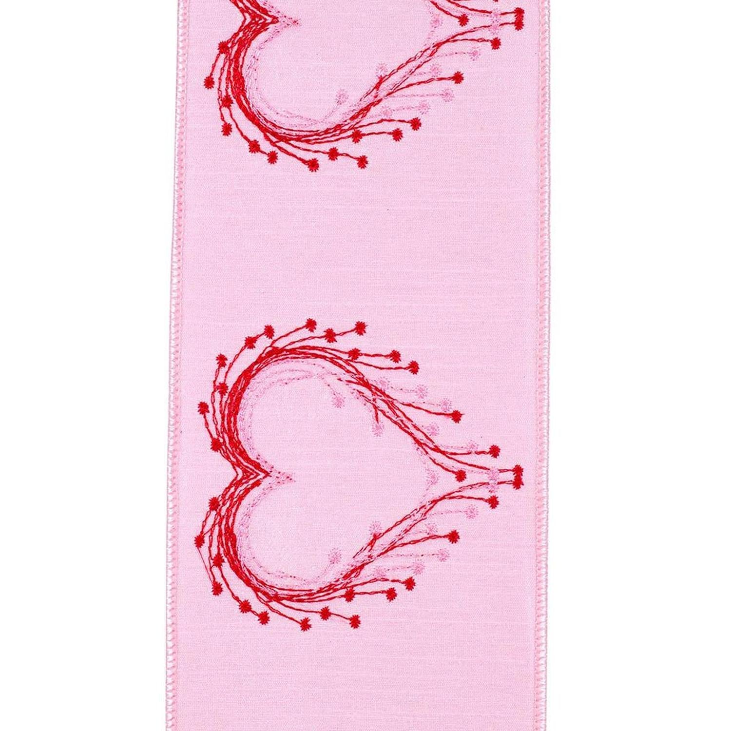 4" Heart Embroidery Dupioni Ribbon: Pink (10 Yards)