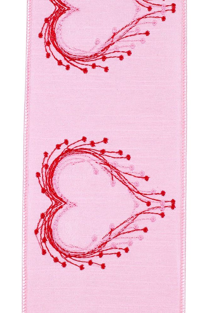 4" Heart Embroidery Dupioni Ribbon: Pink (10 Yards) - Michelle's aDOORable Creations - Wired Edge Ribbon