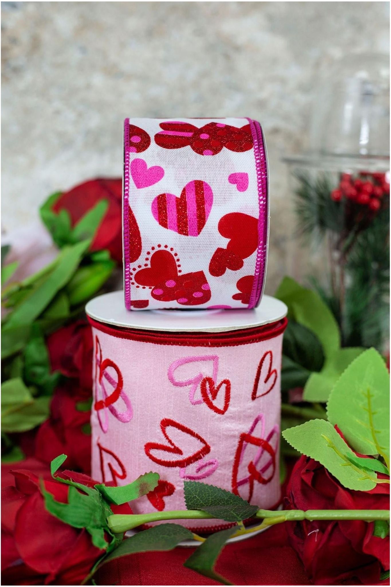 Shop For 4" Heart Embroidery Dupioni Ribbon: Pink (10 Yards) at Michelle's aDOORable Creations