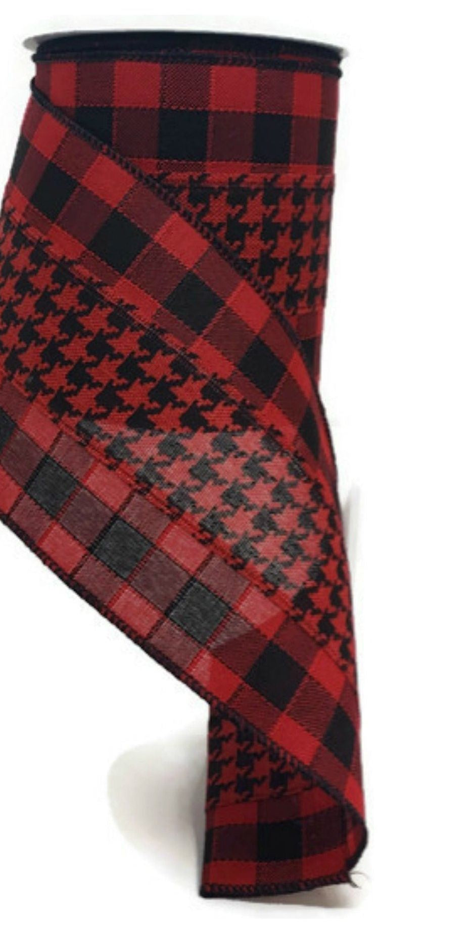 4" Houndstooth Checked Ribbon: Red & Black ( (10 Yards) - Michelle's aDOORable Creations - Wired Edge Ribbon