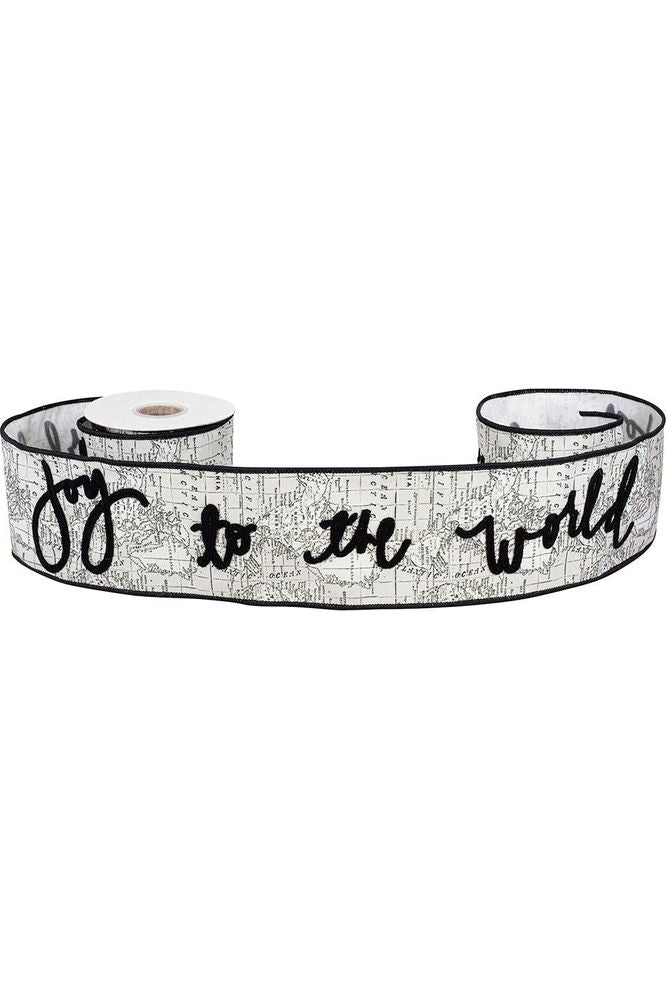 4" Joy To The World Canvas Ribbon: White/Black (5 Yards) - Michelle's aDOORable Creations - Wired Edge Ribbon