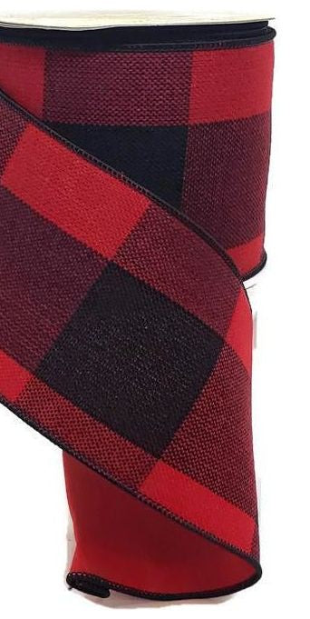 4" Linen Check Ribbon: Red & Black (10 Yards) - Michelle's aDOORable Creations - Wired Edge Ribbon