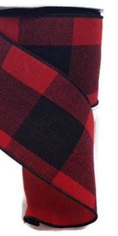 4" Linen Check Ribbon: Red & Black (10 Yards) - Michelle's aDOORable Creations - Wired Edge Ribbon