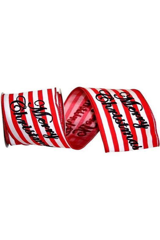 4" Merry Christmas Embroidered Striped Ribbon: Red & White (5 Yards) - Michelle's aDOORable Creations - Wired Edge Ribbon
