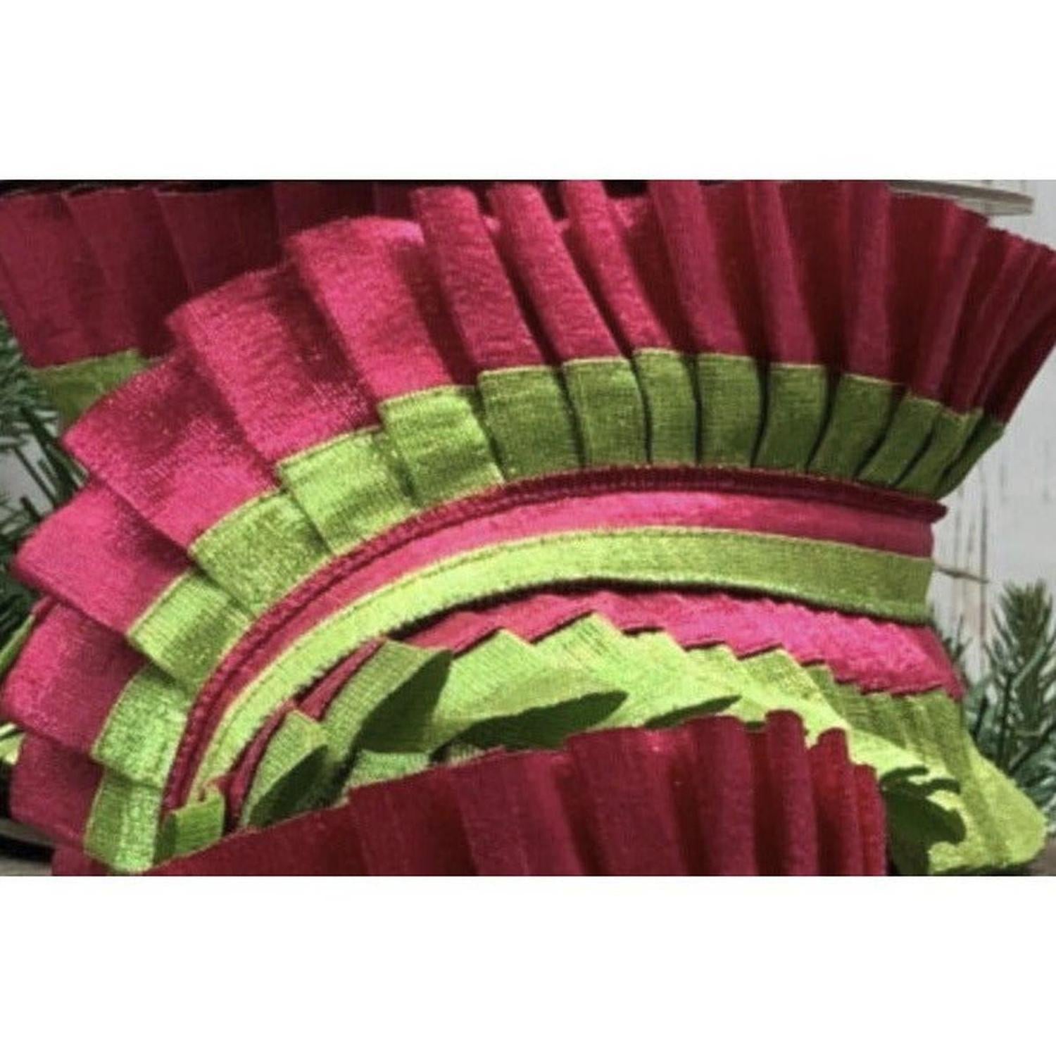 4" Metallic Dupion Pleated Ruffle Ribbon: Lime/Hot Pink (5 Yards)