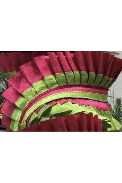 4" Metallic Dupion Pleated Ruffle Ribbon: Lime/Hot Pink (5 Yards) - Michelle's aDOORable Creations - Wired Edge Ribbon
