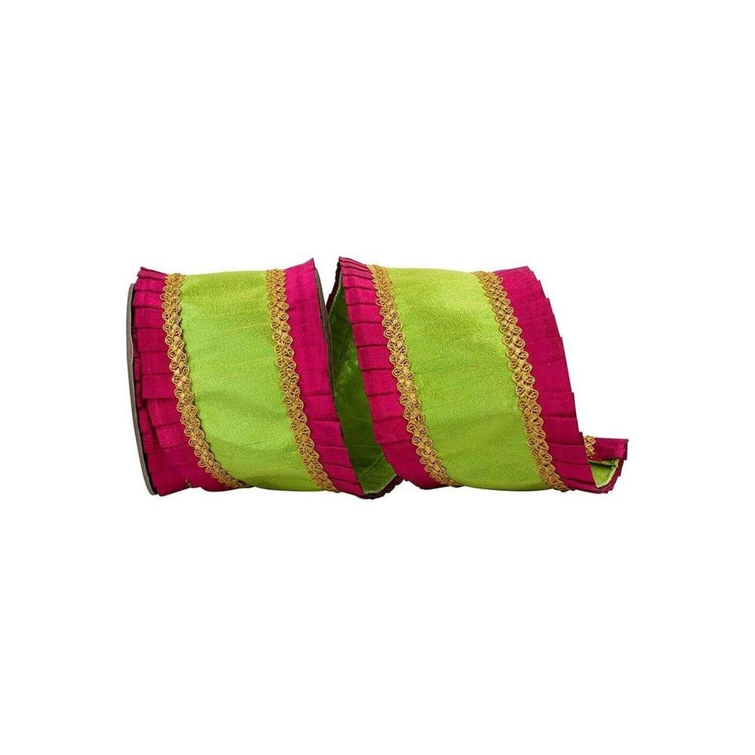 4" Metallic Pleated Dupioni Ribbon: Lime/Fuchsia (5 Yards)