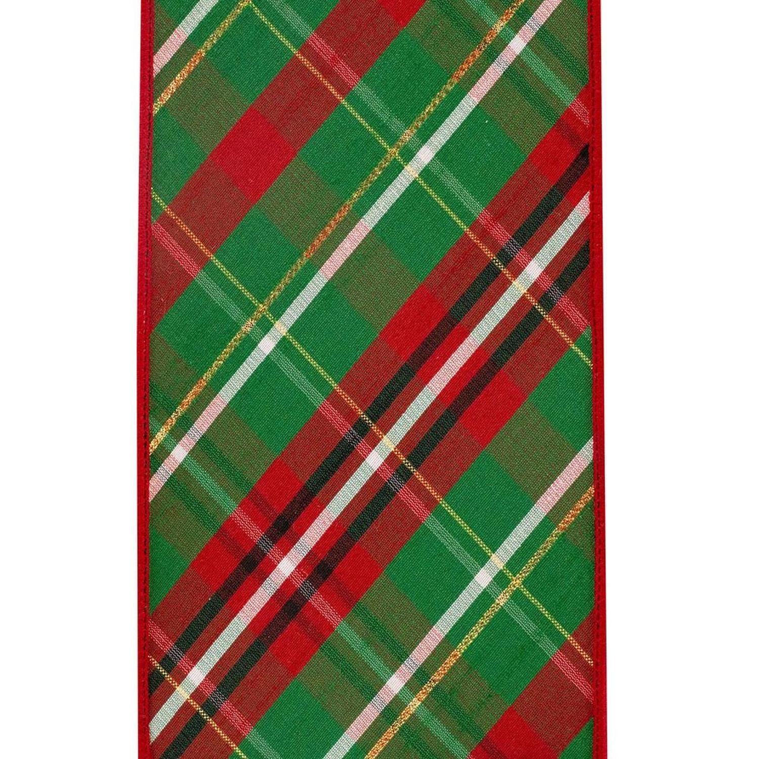 4" Plaid Dupioni Verde Diagonal Ribbon: Red/Green (10 Yards)
