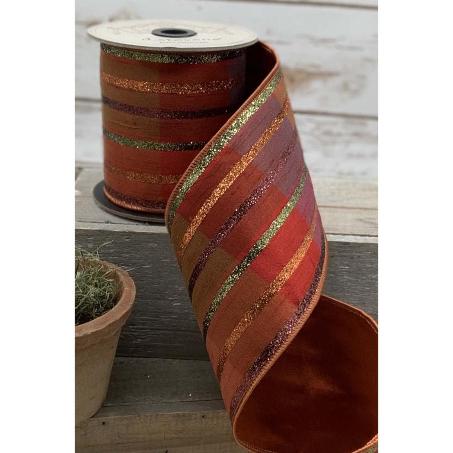 4" Plaid Glitter Stripe Ribbon: Autumn Orange (5 Yards)