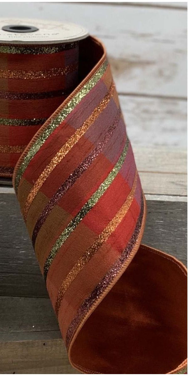 4" Plaid Glitter Stripe Ribbon: Autumn Orange (5 Yards) - Michelle's aDOORable Creations - Wired Edge Ribbon