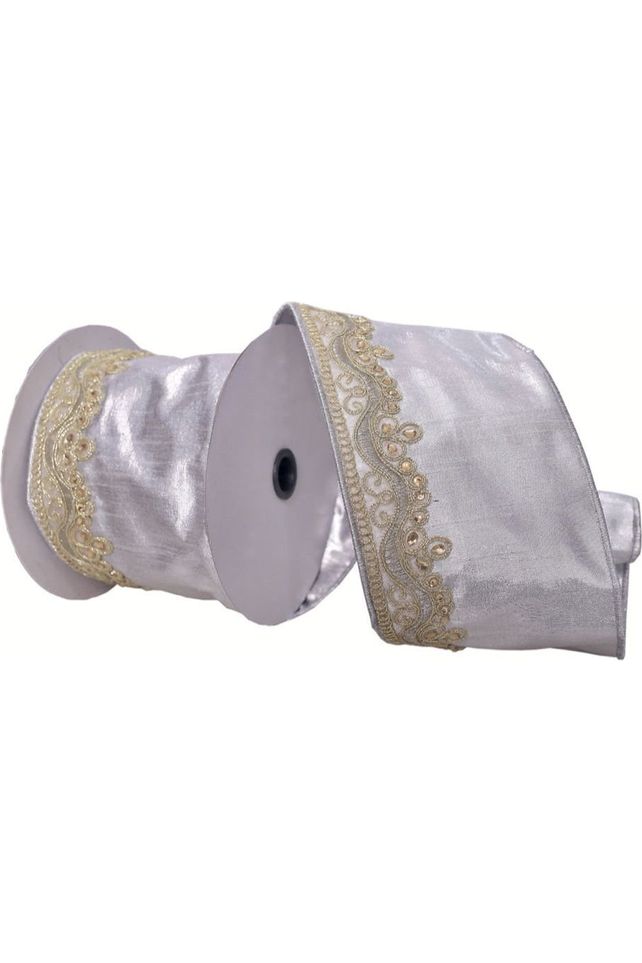 4" Silver with Gold Embroider Ribbon (5 Yards) - Michelle's aDOORable Creations - Wired Edge Ribbon