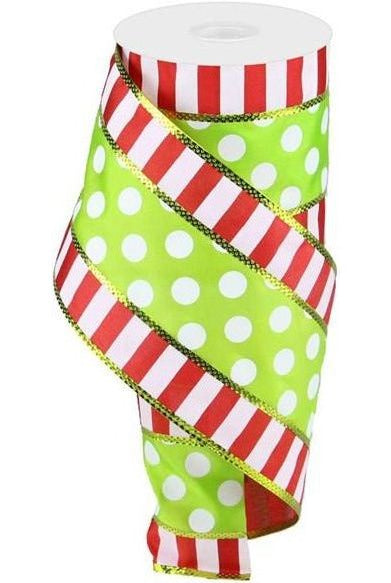 4" Striped Edge Polka Dot Ribbon: Red, Green & White (10 Yards) - Michelle's aDOORable Creations - Wired Edge Ribbon