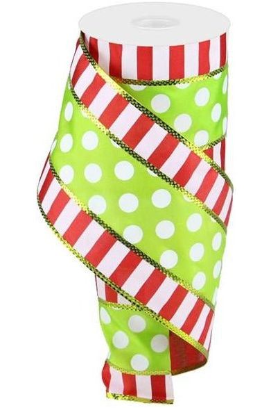 4" Striped Edge Polka Dot Ribbon: Red, Green & White (10 Yards) - Michelle's aDOORable Creations - Wired Edge Ribbon