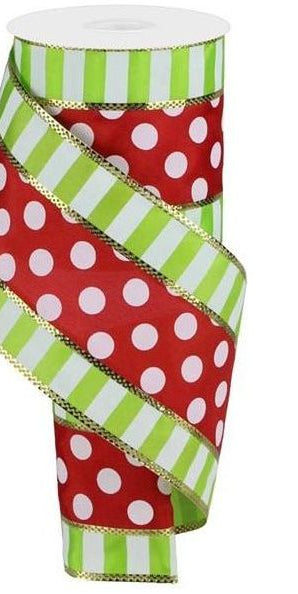 4" Striped Edge Polka Dot Ribbon: Red, Lime & White (10 Yards) - Michelle's aDOORable Creations - Wired Edge Ribbon
