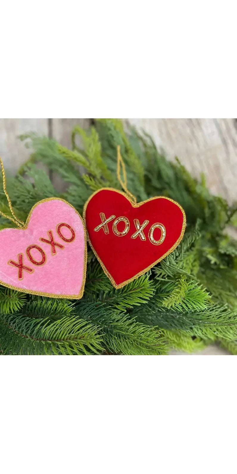 4" Velvet Embroidered Hearts: XOXO (2 Asst) - Michelle's aDOORable Creations - Holiday Ornaments