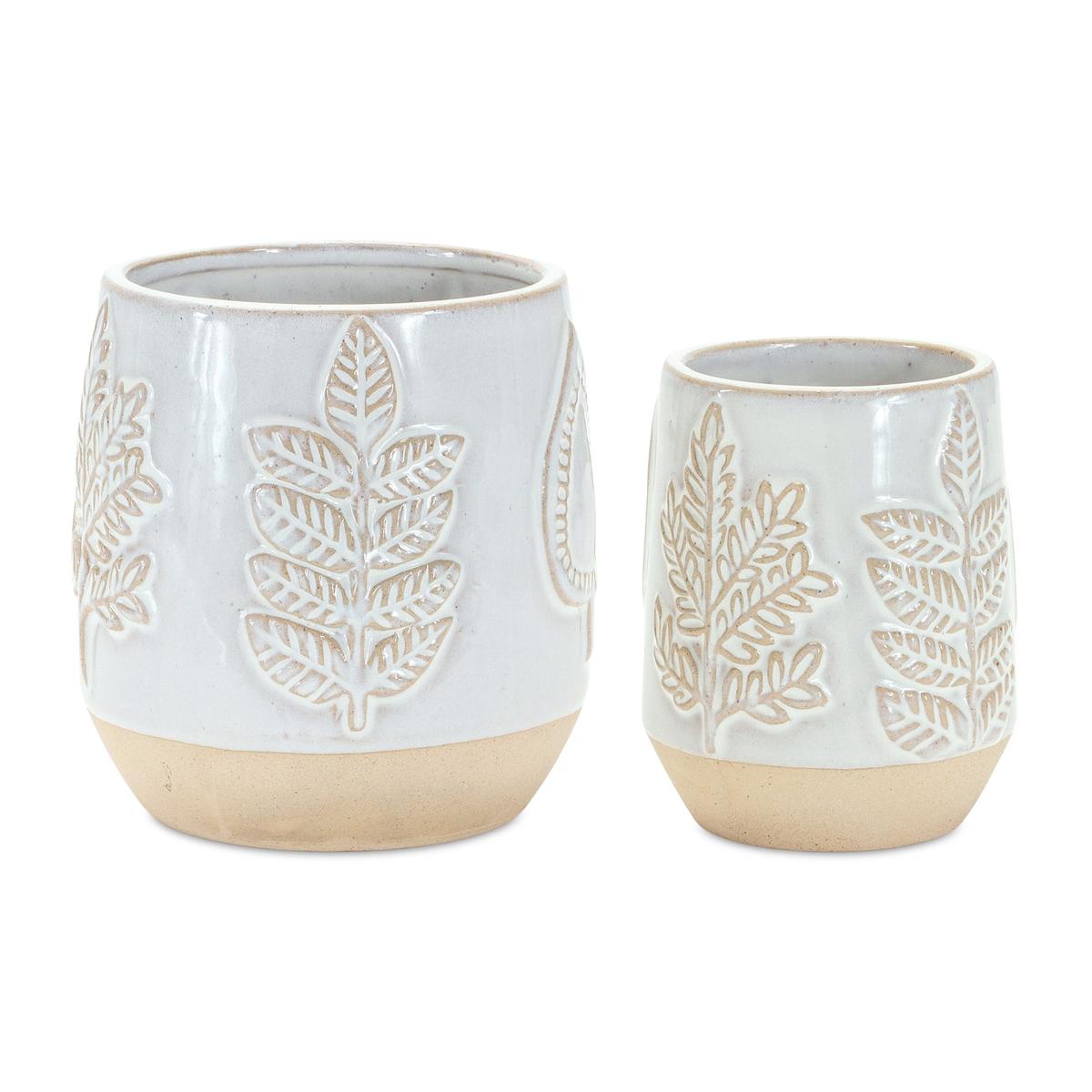 Shop For Two Tone Porcelain Planter with Leaf Design (Set of 2) at Michelle's aDOORable Creations