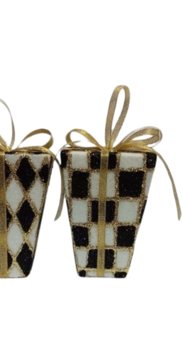 5" Harlequin Package Ornaments: Black/Gold (Asst 2) - Michelle's aDOORable Creations - Holiday Ornaments
