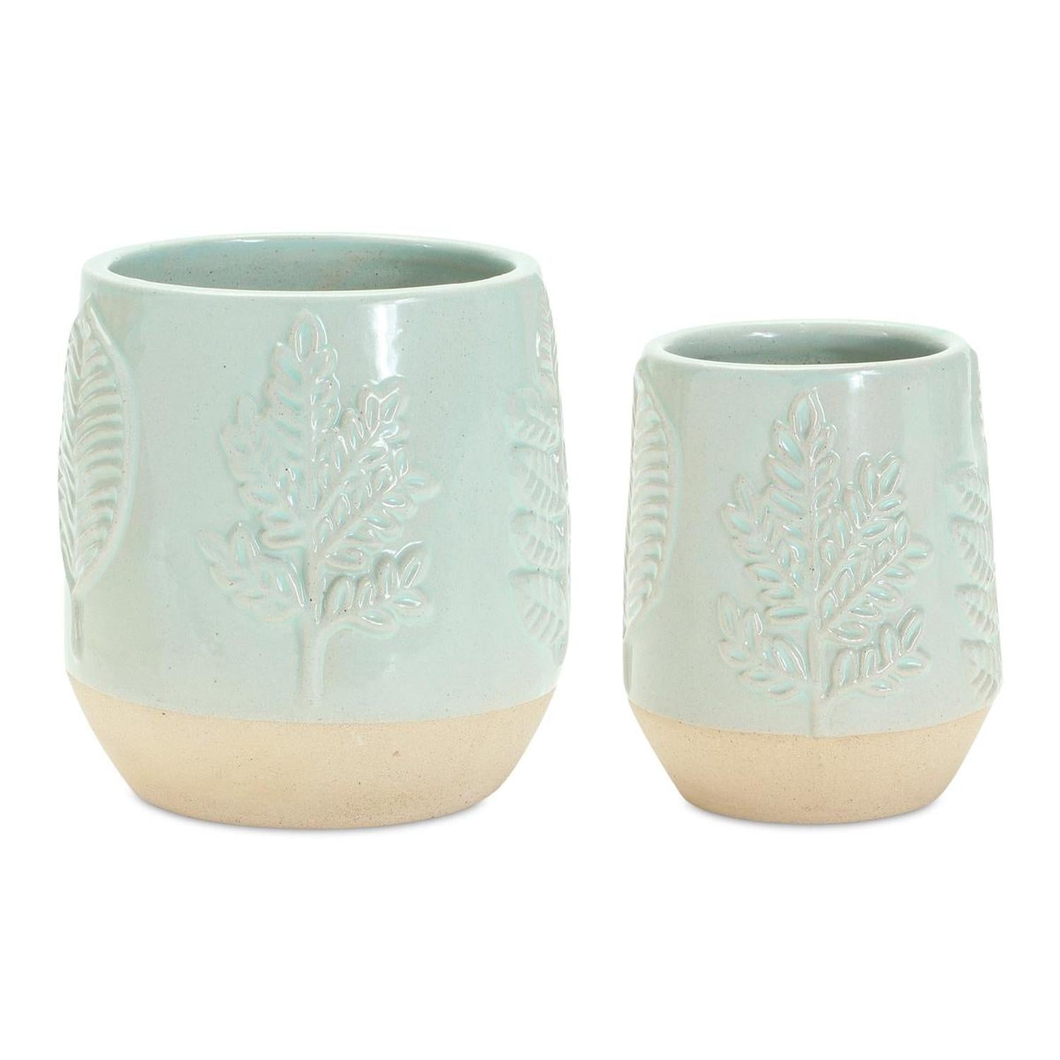 5" Mint Green Leaf Design Planter Vases (Set of 2)