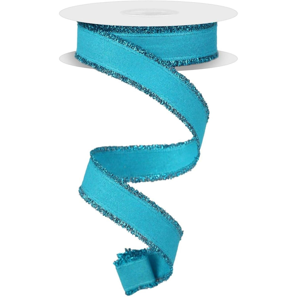 Turquoise fuzzy edge wired ribbon spool unspooled on white