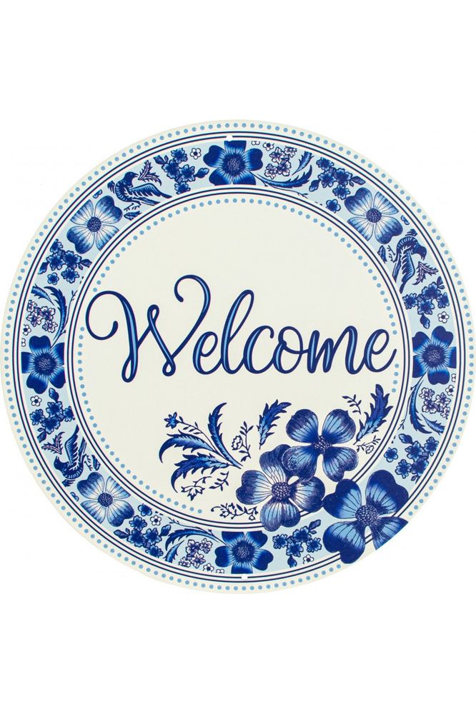 8" Metal Round Sign: Welcome Blue Floral - Michelle's aDOORable Creations - Wooden/Metal Signs