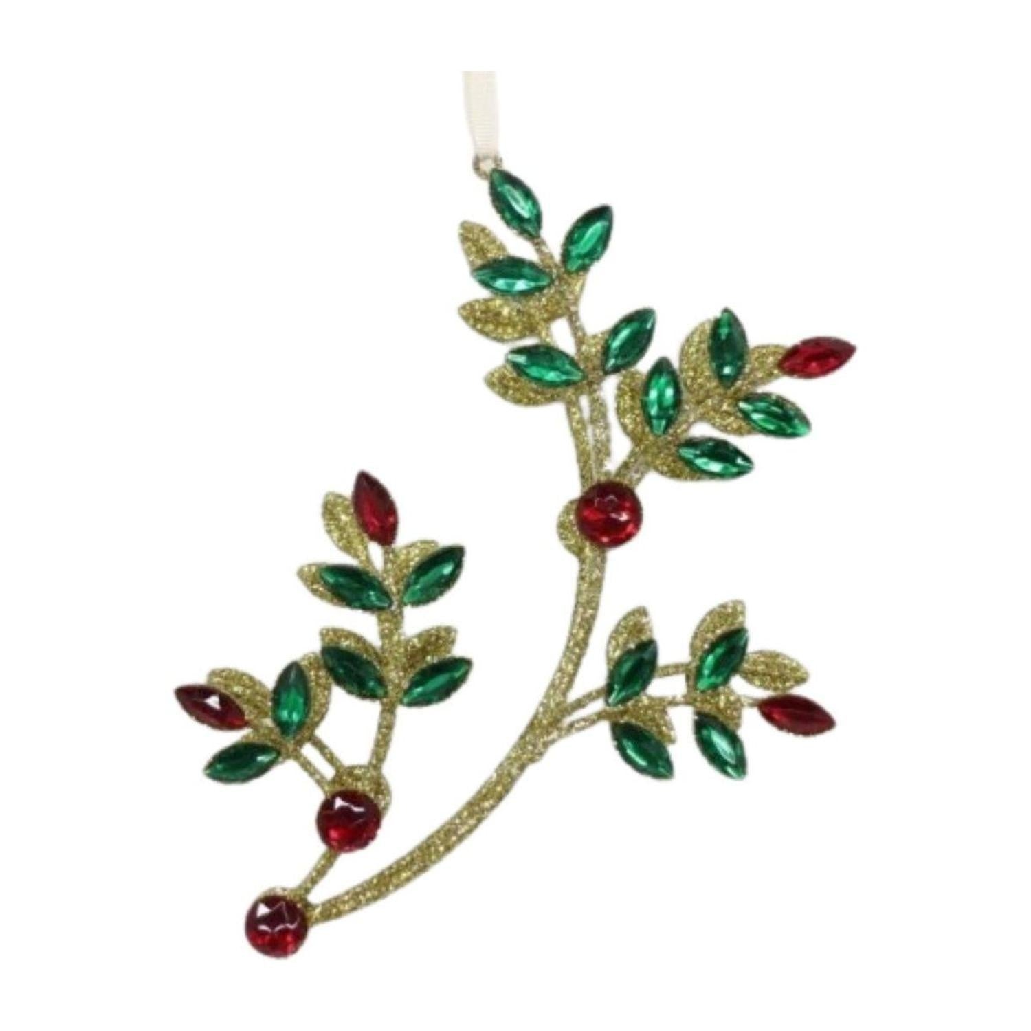 8.5" Glitter Wire Jewel Flower Branch Ornament: Red/Green