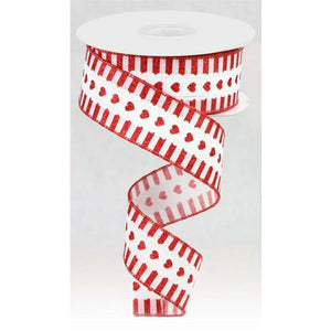 1.5" Heart and Stripe Border Ribbon: White/Red (10 Yards)