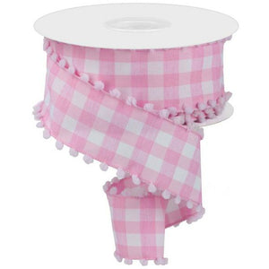1.5" Check with Poms Ribbon: Pink (10 Yards)