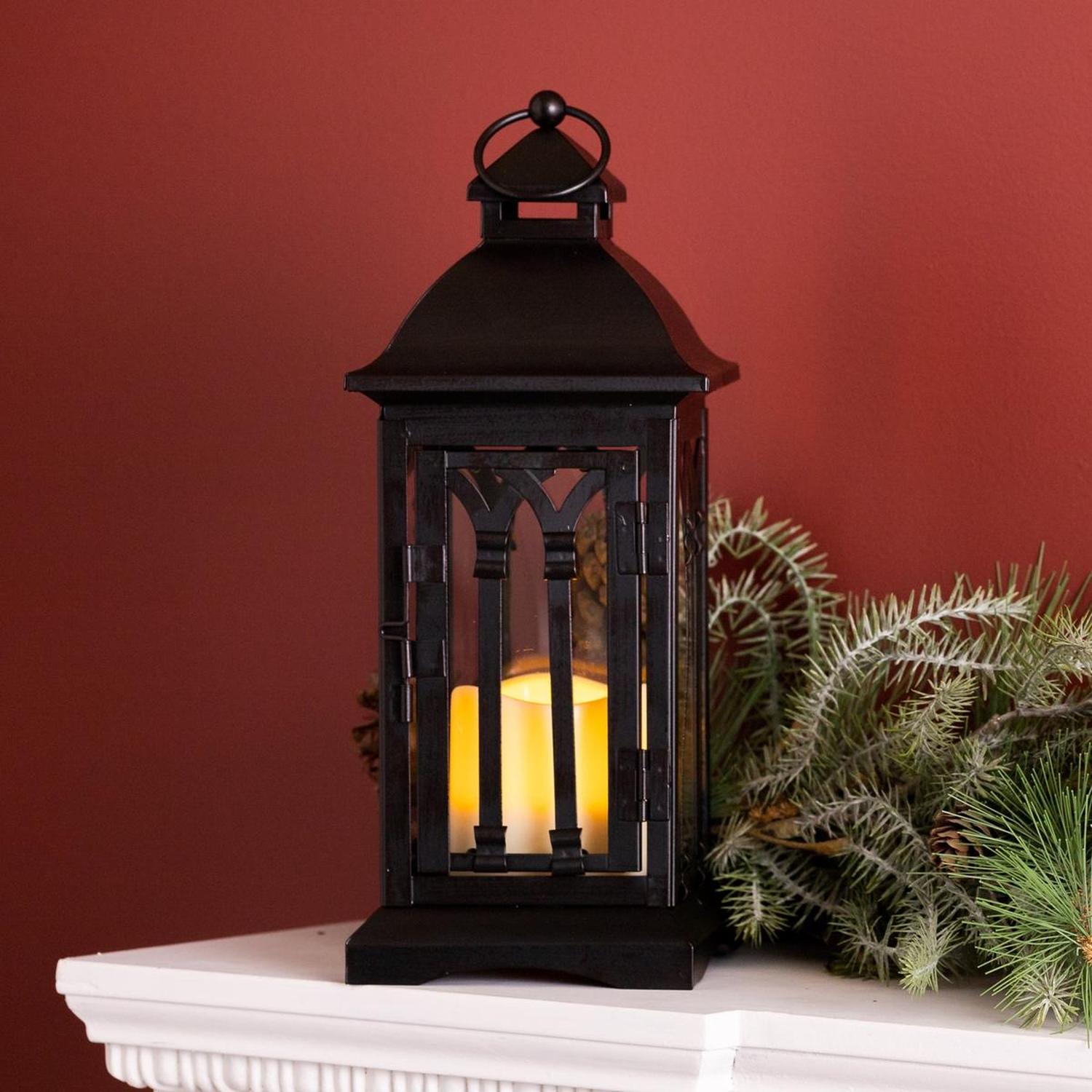 Black Arch Patterned Lantern with LED Candle (Set of 2)