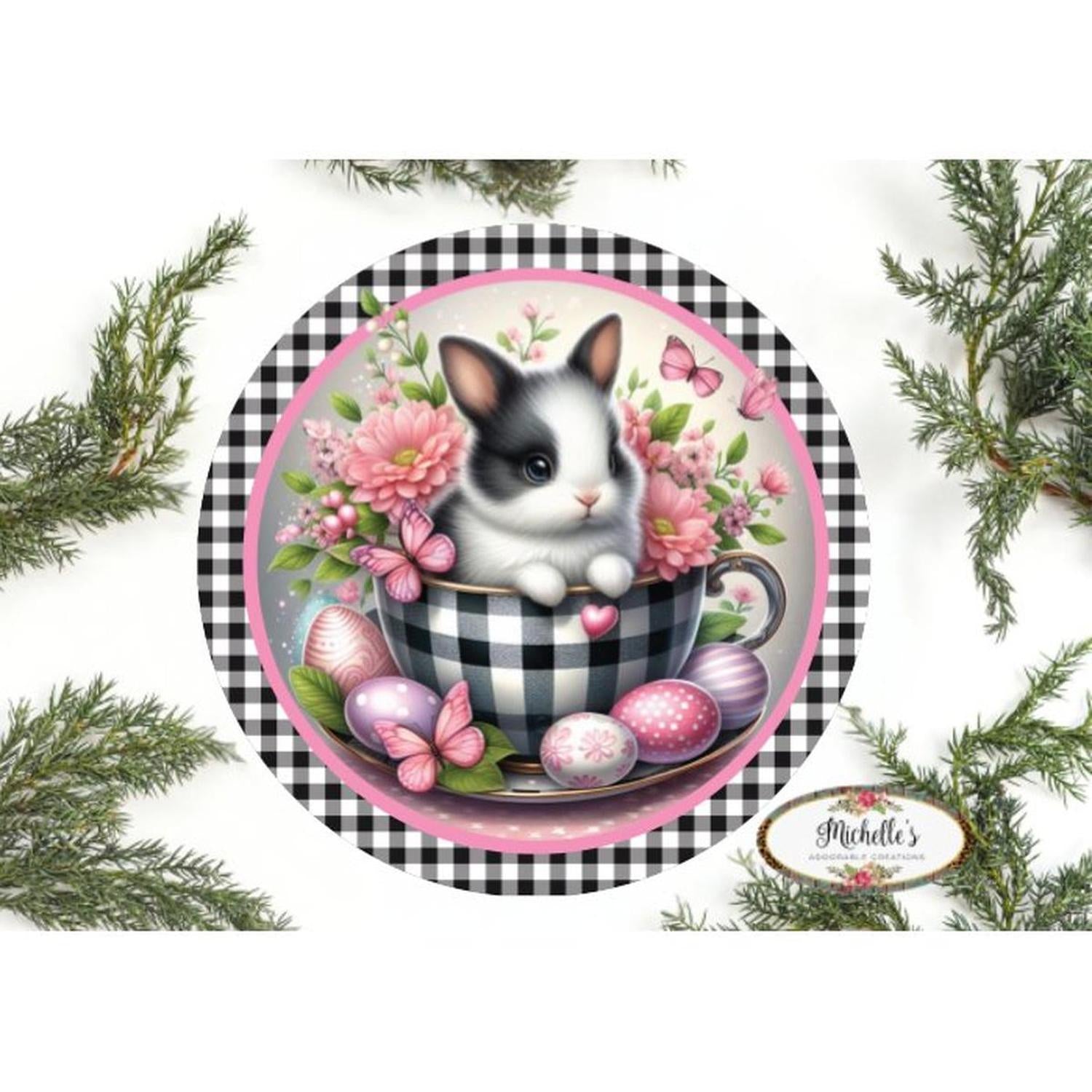 Black Check Easter Spring Bunny Teacup Sign