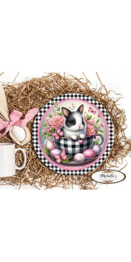 Black Check Easter Spring Bunny Teacup Sign - Michelle's aDOORable Creations - Signature Signs