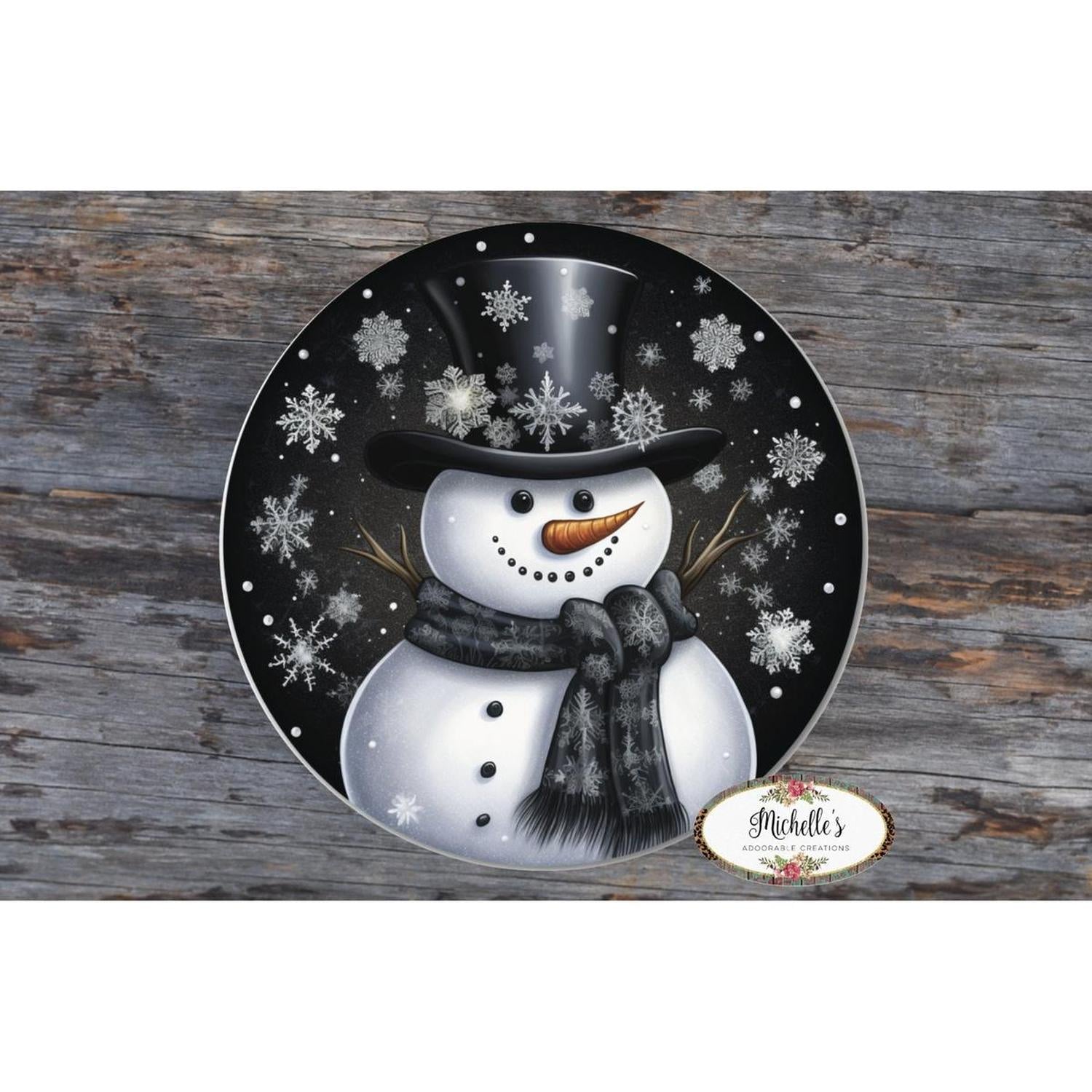 Black Snowflake Snowman Round Sign - Wreath Enhancement